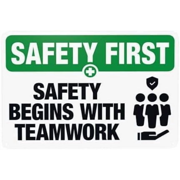 Safety Begins With Teamwork Metal Sign, Slogan Safety Plaque for Home Business, Workplace Culture Safety Sign, 8x12 Inch