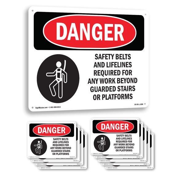 Safety Belts And Lifelines Required OSHA Danger Aluminum Sign 10 Inch x 7 Inch - 10 Pack