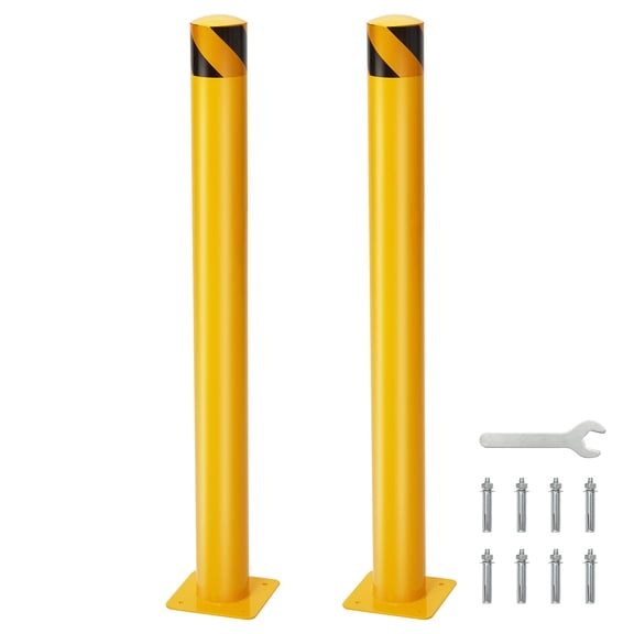 Safety Bollard 2 Pack, 36 Inch Height Rope Safety Barrier, 4.5 Inch Diameter Steel Bollard Post with 24 Anchor Bolts for Traffic Control, Driveway, Parking Yellow