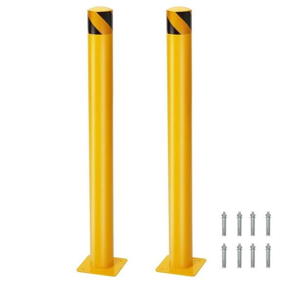 Safety Bollard, 2 Packs 48 Inch Height Bollard Post, Steel Safety Bollard with 8 Anchor Bolts, Yellow Driveway Security Bollards for Traffic Control, Driveway Barrier, Parking Pole, Traffic-Sensitive
