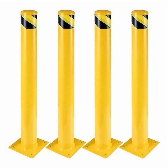Safety Bollard, 4 Packs 48 Inch Height Bollard Post, 4.5 Inch Diameter, Yellow Safety Steel Bollard Post with 16 Anchor Bolts, for Traffic Control, Driveway Barrier, Parking Pole