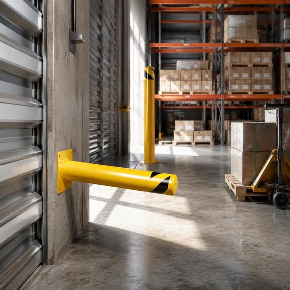 Safety Bollard, 42 in x 4.5 in, steel barrier post with yellow powder coat finish, includes 4 anchor bolts
