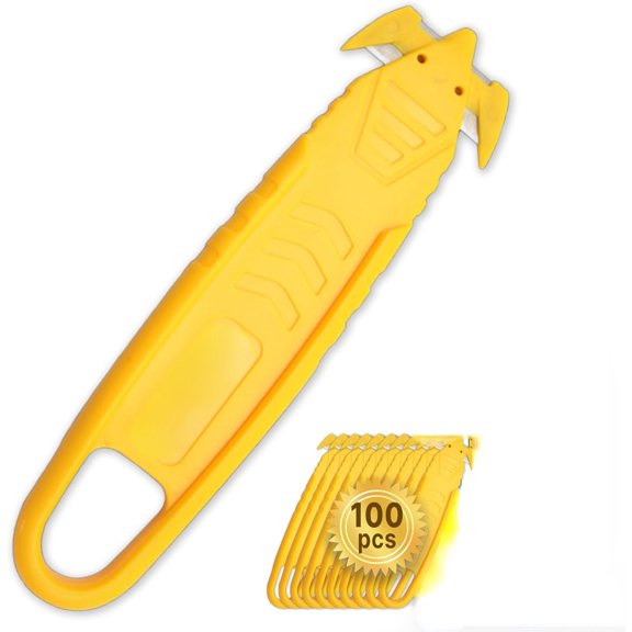 Safety Box Cutter Knife of Recessed Concealed Stainless Steel Blade, Package Opener Plastic Cutter for Box, Carton, Shrink Wrap, Plastic Straps, 100pcs