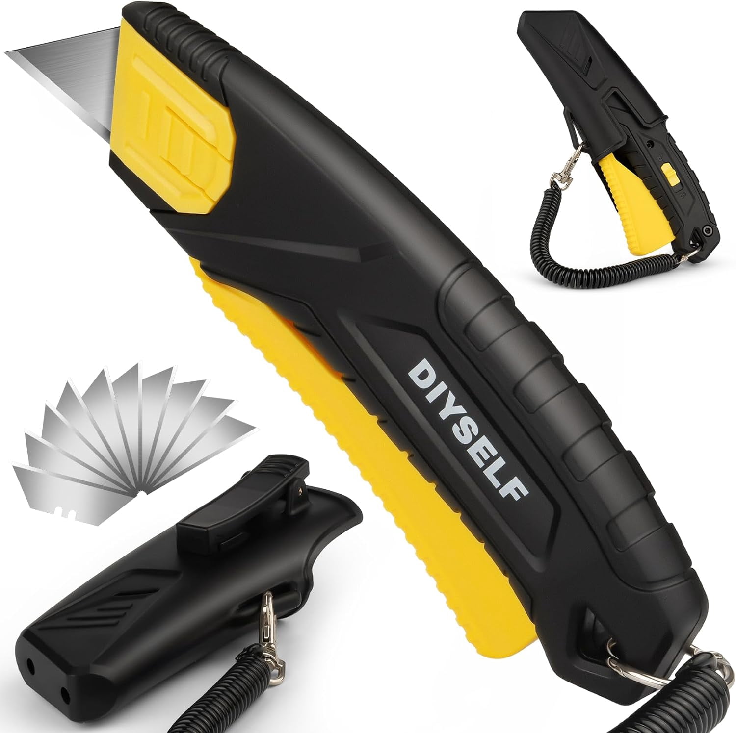 Safety Box Cutter Retractable with Holster, Self Retracting Utility Knife with 10 SK5 Blades, Box Opener Razor Knife, Non-Slip Grip Work Knife for Warehouse Retail Home, Navajas Para Trabajo