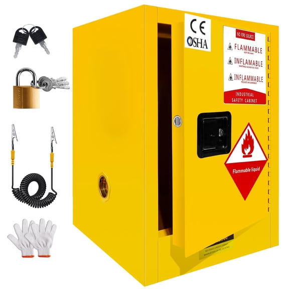 Safety Cabinet for Flammable Liquids, Yellow Fireproof Chemical Storage with 3-Point Lock & Adjustable Shelf, Double-Layer Hazardous Storage Cabinet for Garage Workshop Industrial Use