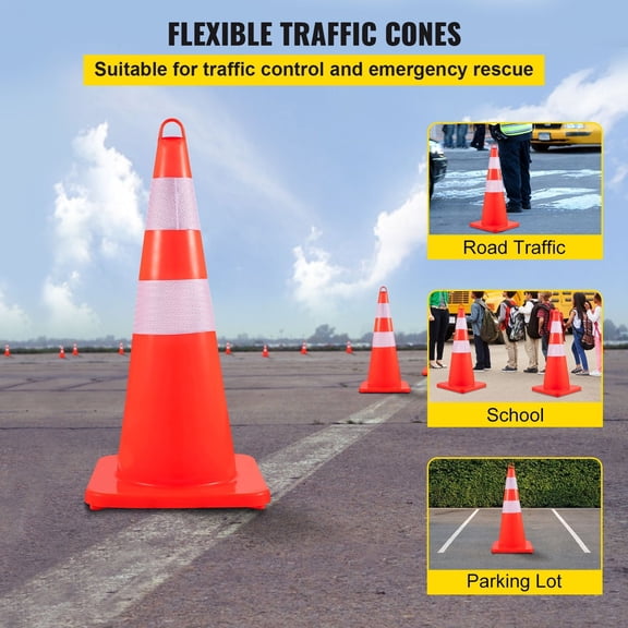 Safety Cones, 12 x 28" Traffic Cones, PVC Orange Construction Cones, 2 Reflective Collars Traffic Cones with Weighted Base and Hand-Held Ring Used for Traffic Control, Driveway Road Parking