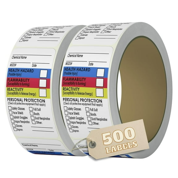Safety Data Sheet Stickers - 1.5" x 2.5", 2 Rolls of 250, Right to Know- Chemical Identifying and Marking Sticker Decals