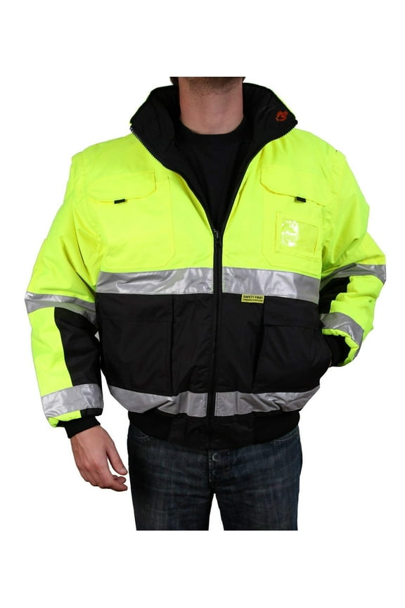 Safety Jacket Class 3 ANSI Approved 8 Pockets, Reversible Clear ID Pocket, Detachable Hood & 4 Pen Divider slots 350C (Lime, Medium)