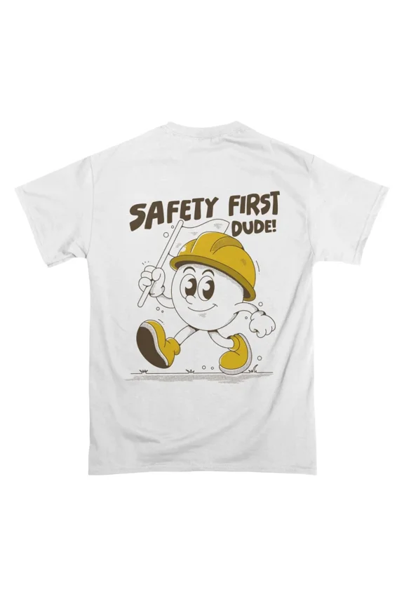 Safety First Dude Retro Construction Cartoon Illustration T-Shirt Tee Gift For Him Merch F