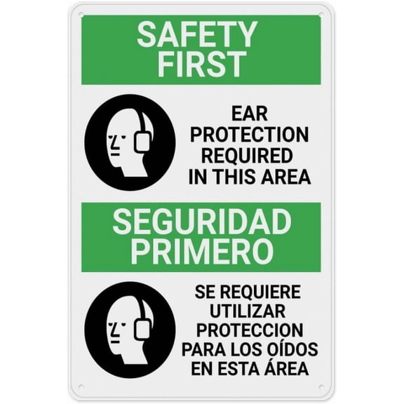 Safety First Ear Protection Required In Area Bilingual Spanish Tin Sign 8"x12" - Great Wall Decor for Garden Yard, Bilingual Safety Alert Sign