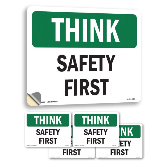 Safety First OSHA Think Vinyl Decal Label 5 Inch x 3.5 Inch - 5 Pack