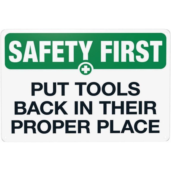Safety First Put Tools Back Properly Metal Sign, Caution Plaque for Home Business Wall Decor, Workplace Organization Sign, 8x12 Inch