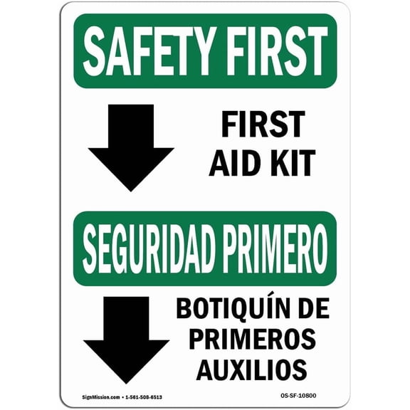 Safety First Sign - First Aid Kit Bilingual | Rigid Plastic Sign | Protect Your Business, Construction Site, Warehouse & Shop Area