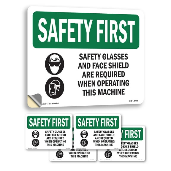 Safety Glasses And Face Shield With Symbol OSHA SAFETY FIRST Vinyl Decal Label 7 Inch x 5 Inch - 5 Pack