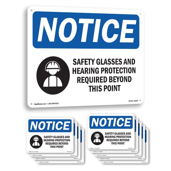 Safety Glasses And Hearing Protection OSHA Notice Rigid Plastic Sign 10 Inch x 7 Inch - 10 Pack