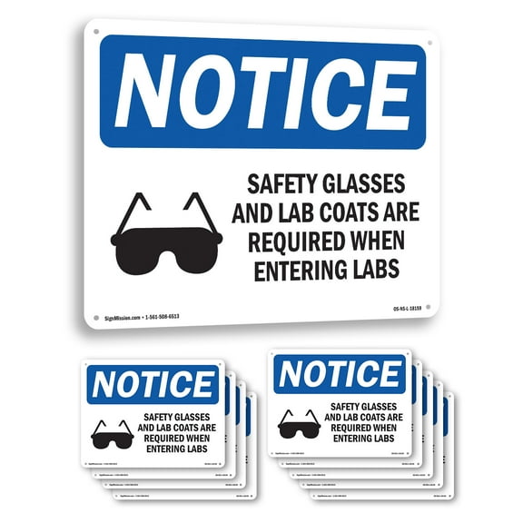 Safety Glasses And Lab Coats OSHA Notice Aluminum Sign 14 Inch x 10 Inch - 10 Pack