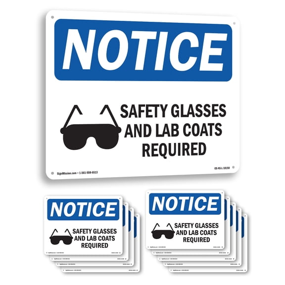 Safety Glasses And Lab Coats Required OSHA Notice Aluminum Sign 10 Inch x 7 Inch - 10 Pack