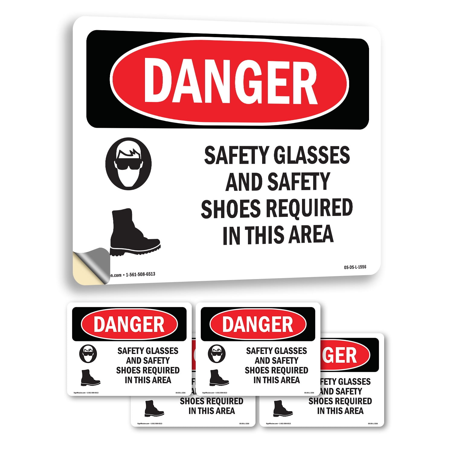 Safety Glasses And Safety Shoes Required OSHA Danger Vinyl Decal Label ...
