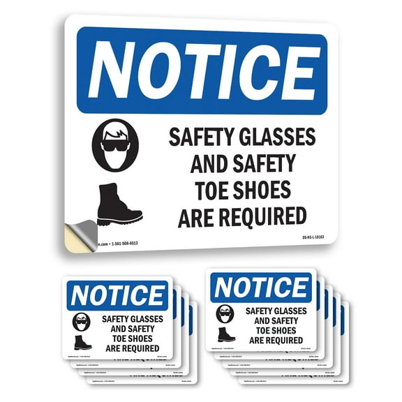 Safety Glasses And Safety Toe With Symbol OSHA Notice Vinyl Decal Label 10 Inch x 7 Inch - 10 Pack