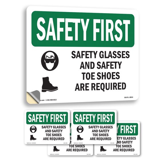 Safety Glasses And Safety Toe With Symbol OSHA SAFETY FIRST Vinyl Decal Label 5 Inch x 3.5 Inch - 5 Pack