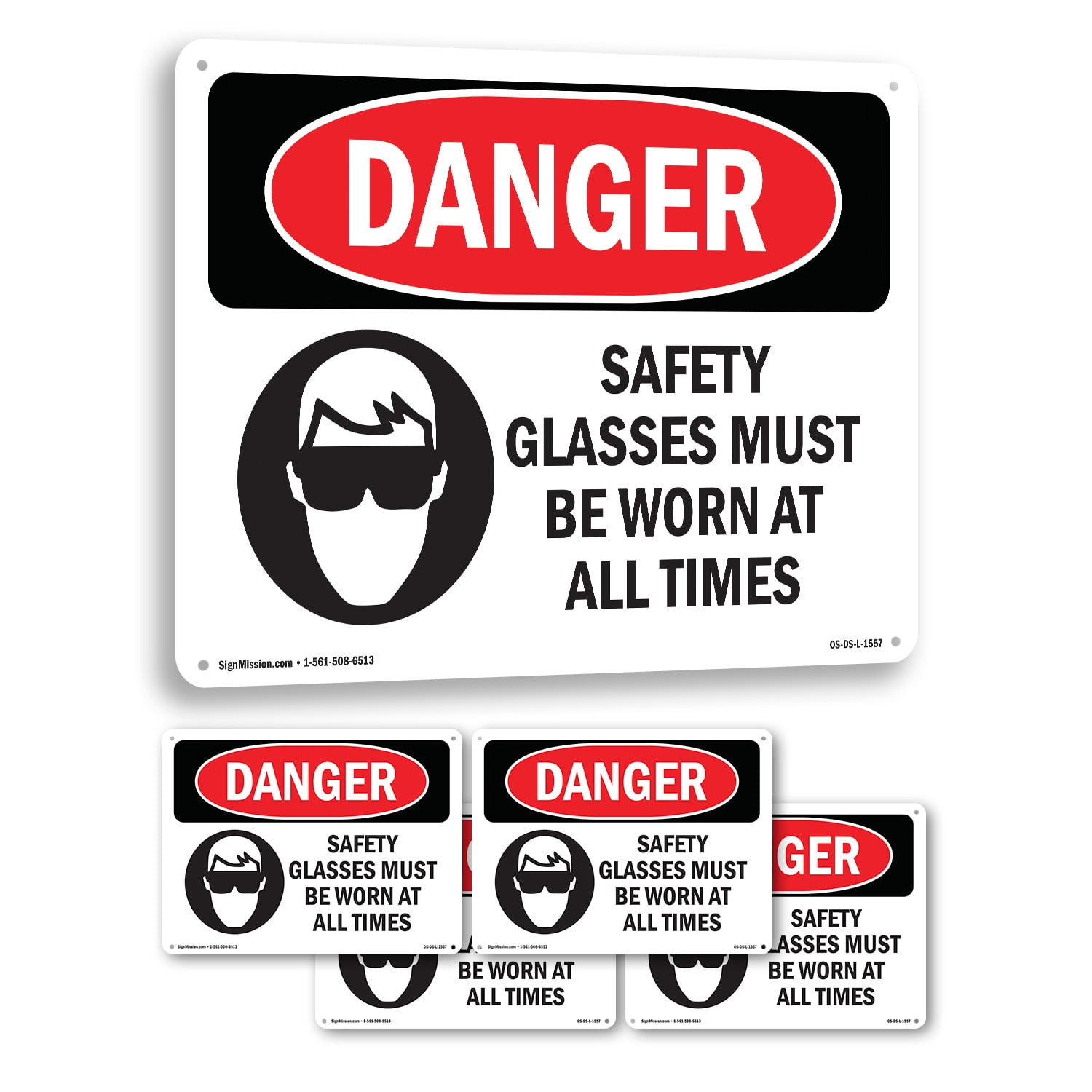 Safety Glasses Must Be Worn At All Times OSHA Danger Rigid Plastic Sign ...