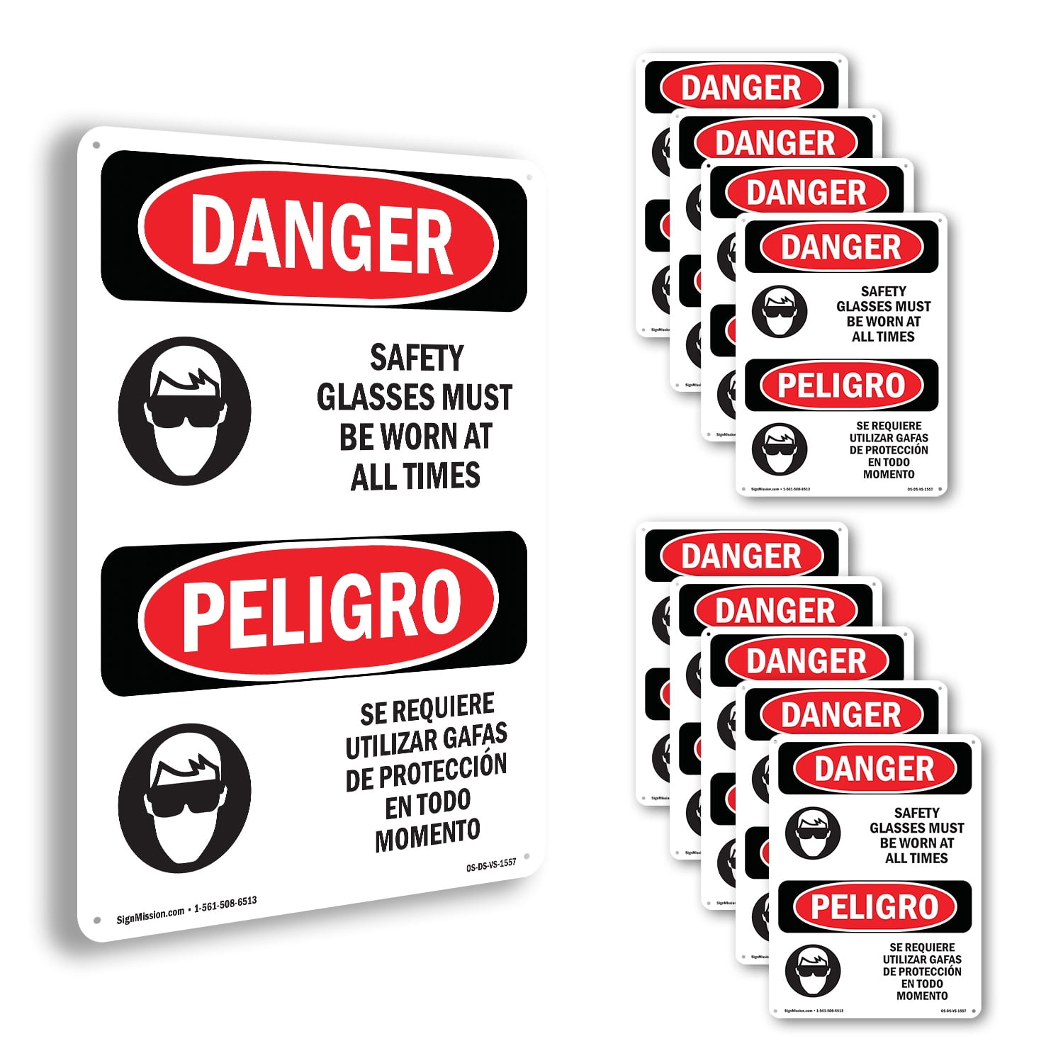 Safety Glasses Must Be Worn Bilingual OSHA Danger Rigid Plastic Sign 24 ...