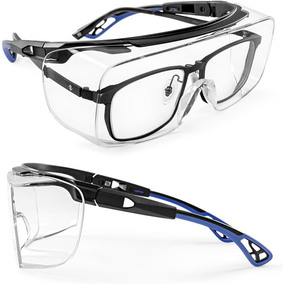 Safety Glasses Over Glasses,ANSI Z87.1 Lenses with Anti-Fog & Scratch,Side Protection, High Transmission, Adjustable Protective Eyewear Goggles