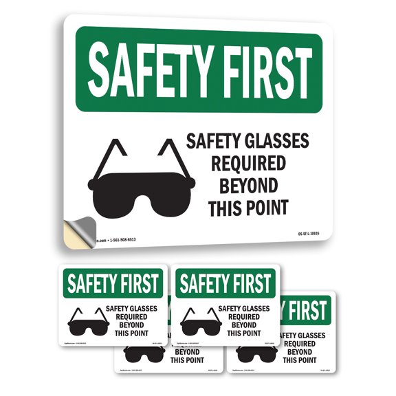 Safety Glasses Required Beyond With Symbol OSHA SAFETY FIRST Vinyl Decal Label 5 Inch x 3.5 Inch - 5 Pack