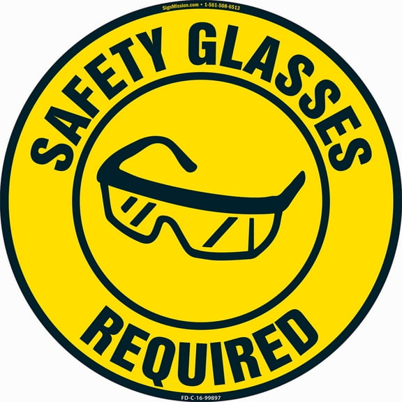 Safety Glasses Required Non-Slip Floor Marker | 6 Pack of 16" Circle Vinyl Decal | Protect Your Business, Work Place & Customers |  Made in The USA