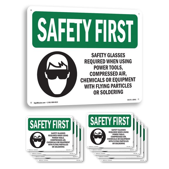 Safety Glasses Required When With Symbol OSHA SAFETY FIRST Aluminum Sign 10 Inch x 7 Inch - 10 Pack