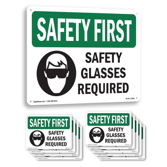 Safety Glasses Required With Symbol OSHA SAFETY FIRST Aluminum Sign 10 Inch x 7 Inch - 10 Pack