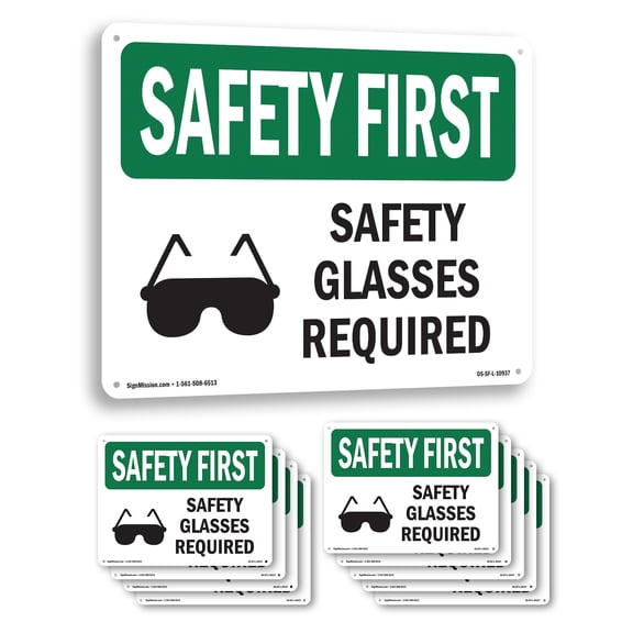 Safety Glasses Required With Symbol OSHA SAFETY FIRST Aluminum Sign 10 Inch x 7 Inch - 10 Pack