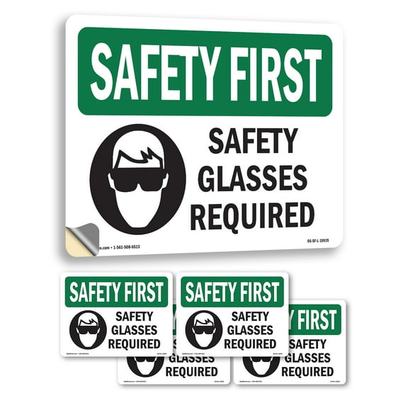 Safety Glasses Required With Symbol OSHA SAFETY FIRST Vinyl Decal Label 24 Inch x 18 Inch - 5 Pack