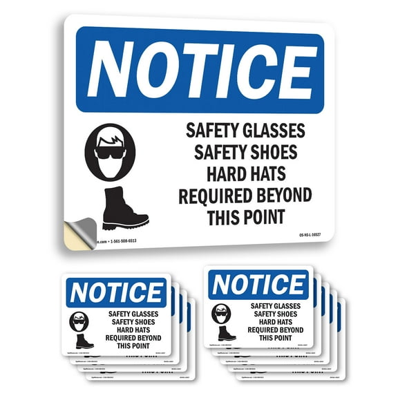 Safety Glasses Safety Shoes Hard Hats OSHA Notice Vinyl Decal Label 10 Inch x 7 Inch - 10 Pack