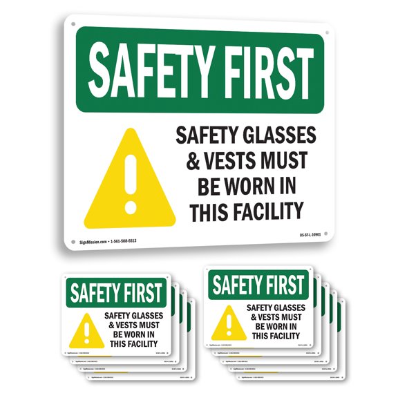Safety Glasses & Vests Must With Symbol OSHA SAFETY FIRST Aluminum Sign 10 Inch x 7 Inch - 10 Pack