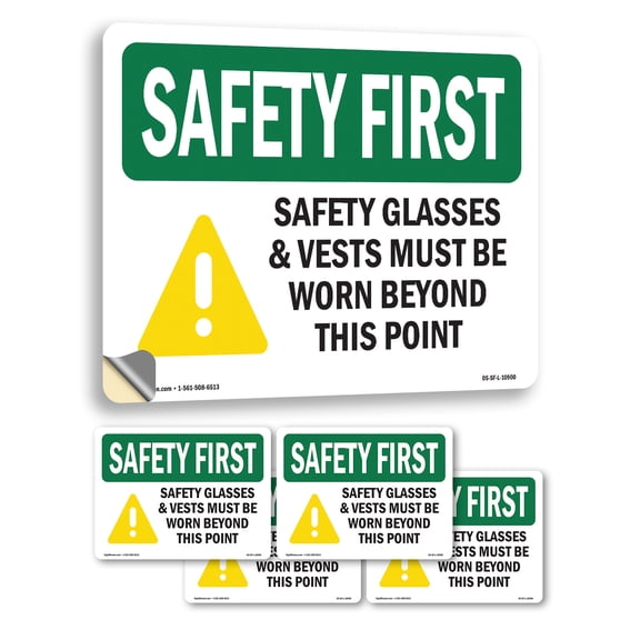 Safety Glasses & Vests Must With Symbol OSHA SAFETY FIRST Vinyl Decal Label 5 Inch x 3.5 Inch - 5 Pack