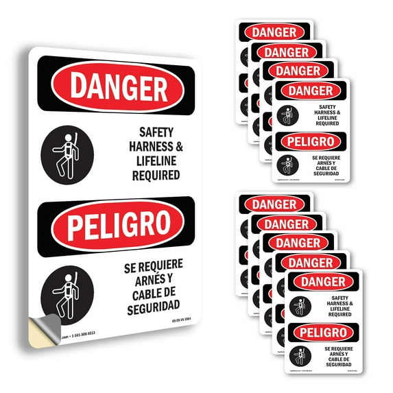 Safety Harness And Lifeline Required Bilingual OSHA Danger Vinyl Decal Label 24 Inch x 18 Inch - 10 Pack