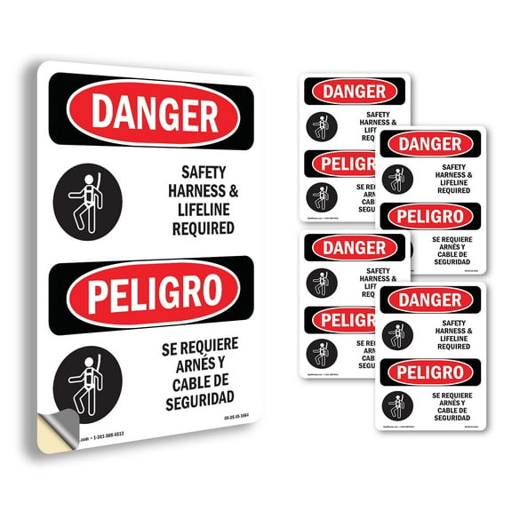 Safety Harness And Lifeline Required Bilingual OSHA Danger Vinyl Decal Label 5 Inch x 3.5 Inch - 5 Pack