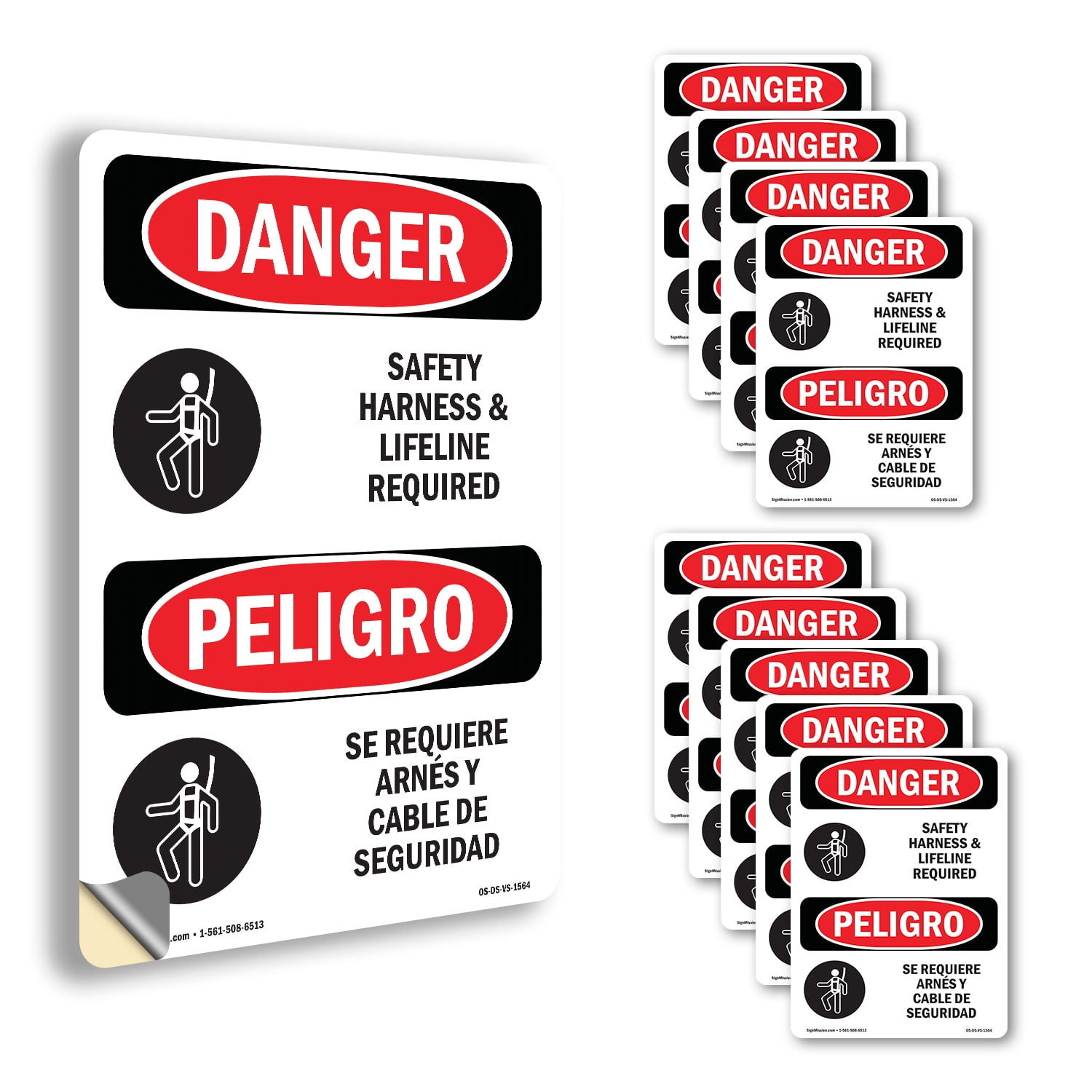 Safety Harness And Lifeline Required Bilingual OSHA Danger Vinyl Decal ...