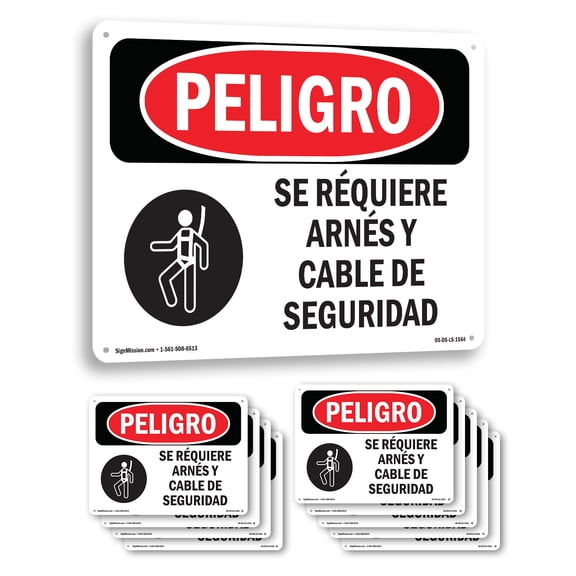 Safety Harness And Lifeline Required Spanish OSHA Danger Aluminum Sign 10 Inch x 7 Inch - 10 Pack