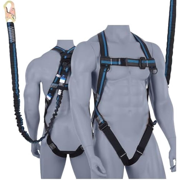 Safety Harness Fall Protection Kit - 3 Pt Full Body Safety Harness with 6 FT Internal Shock Absorbing Lanyard & Snap Hook, for Roofing Construction & Scaffolding Use, ANSI OSHA Compliant