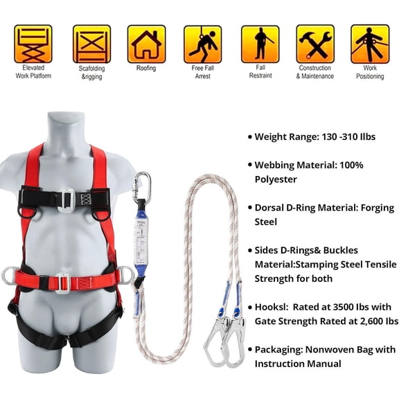 Safety Harness Fall Protection Kit - Full Body Roofing Harnesses with Shock Absorbing Lanyard Upgrade Padded