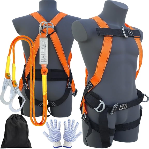 Safety Harness Fall Protection Kit, Shock Absorbing Landyard&Hook Full Body Safety Harness for Construction,Roofing Work Harnesses,OSHA/ANSI Compliant(Orange)