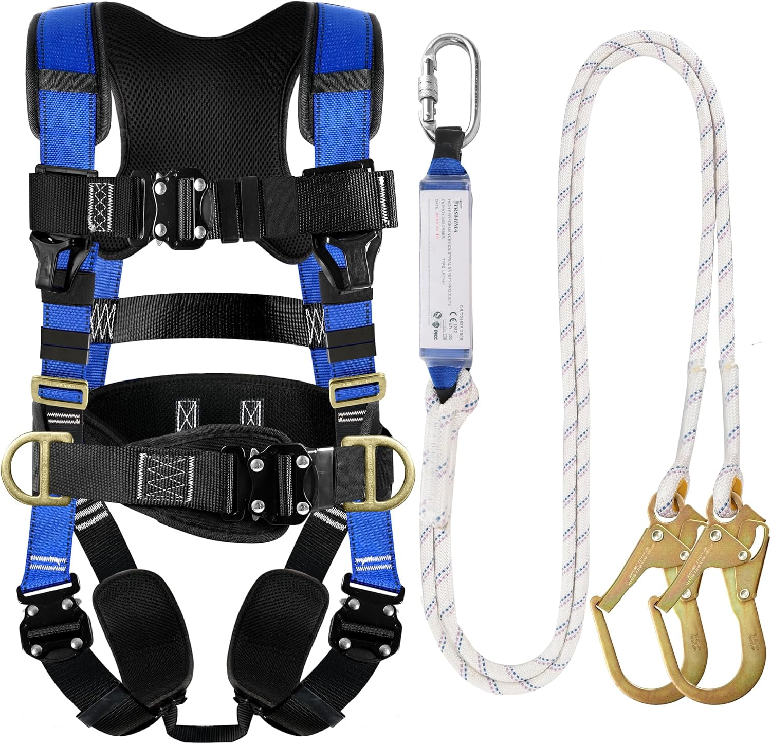 Safety Harness Fall Protection - Roofing Harness Kit Men Full Body Construction Harness with Lanyard for Work Upgrade 4 Quick Buckles