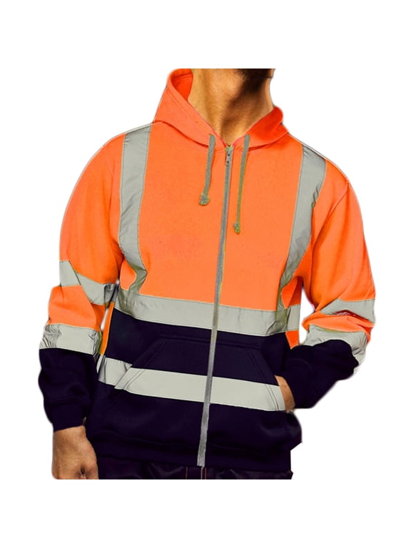 Safety Hoodie Jacket, High Vis Reflective Safety Fleece Coat Hooded Bomber for Men - Waterproof, Reflective Fall Winter Rain Jacket Hooded