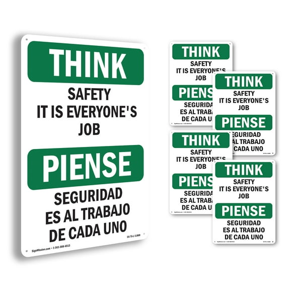 Safety It Is Everyone's Job Bilingual OSHA Think Rigid Plastic Sign 14 Inch x 10 Inch - 5 Pack