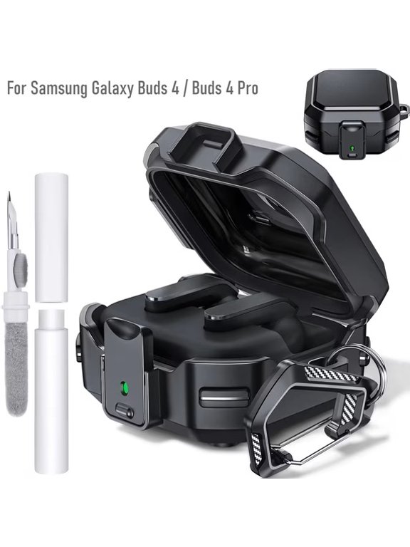 Safety Lock Case for Samsung Galaxy Buds 4/Buds 4 Pro with Keychain + Cleaning Pen Kit, Military Grade Armor Shockproof Rugged Earbuds Protective Cover