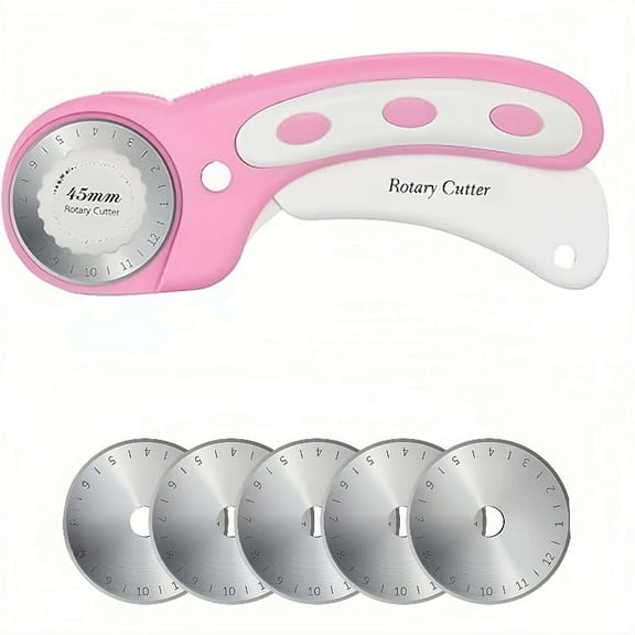 Safety Lock Rotary Cutter in Pink with Five Extra Blades,45mm Ergonomic Design for Easy Cutting of Fabric,Leather,and Craft Materials