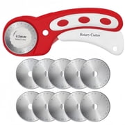 Safety Lock Rotary Cutter in Red with 10 Extra Blades, 45mm Ergonomic Design for Easy Cutting of Fabric, Leather, and Craft Materials