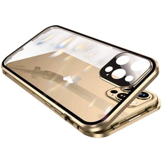 with Safety Lock & Strong Magnetic adsorption for iPhone 12 case with Camera Lens Protector Metal Bumper 360 Full Body Protection Double-Sided Tempered Glass(iPhone12, Gold)